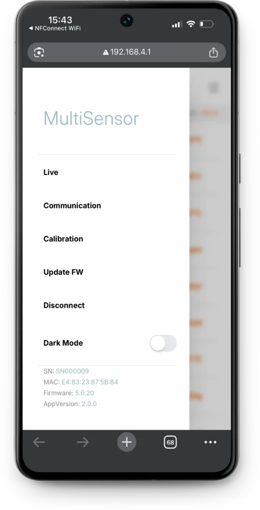 OEM Modbus sensor live readings on smartphone