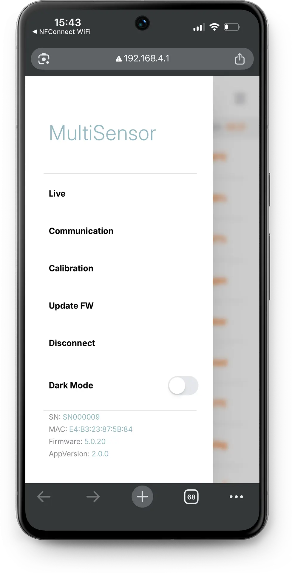 OEM Modbus sensor live readings on smartphone