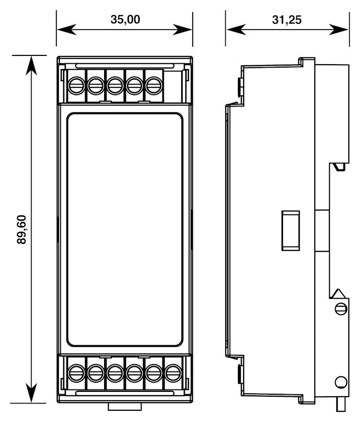 Outline drawing of the MX-EXT DIN-rail Modbus relay module, 35 x 89.6 x 31.25 mm