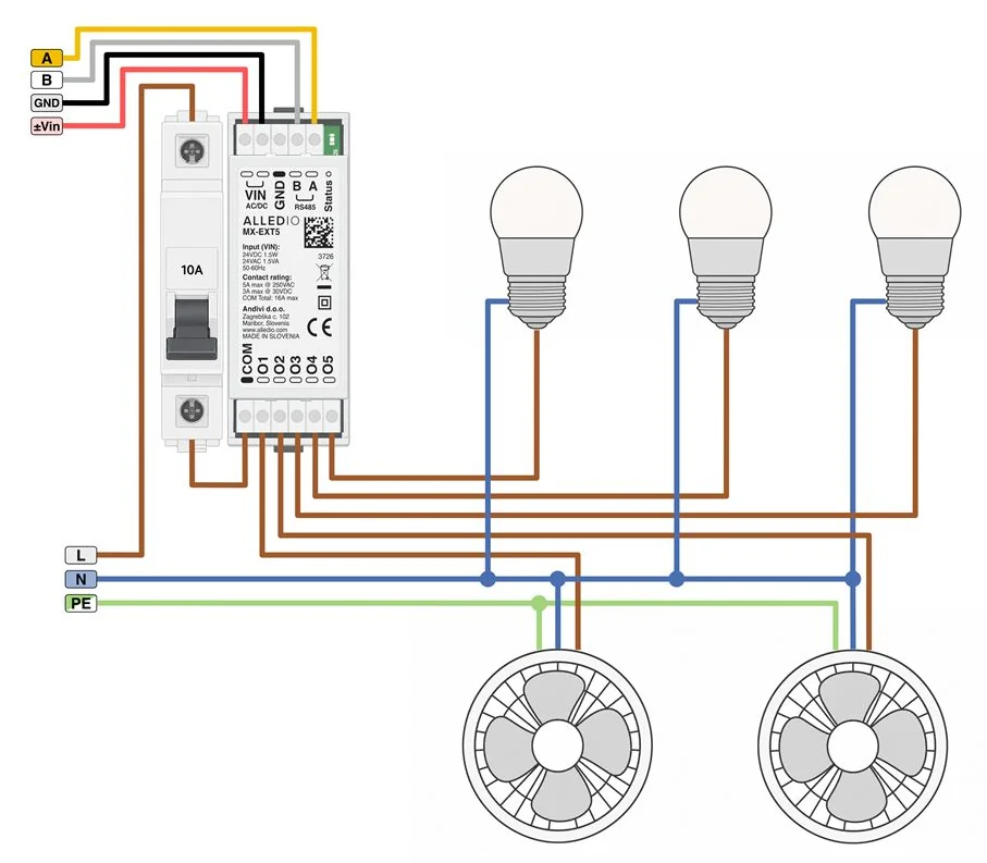MX-EXT5 Modbus relay module in Mode 2 switching three lighting circuits and two fans as independent relays