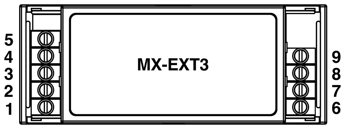 MX-EXT3 3-channel Modbus relay module terminal layout, terminals 1–9 with COM and O1–O3