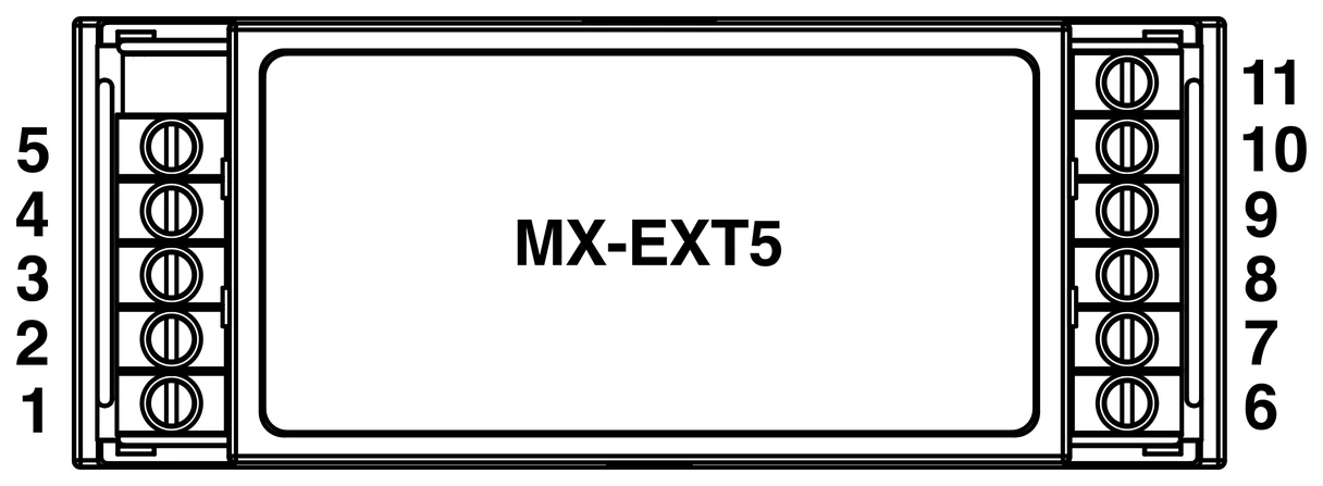 MX-EXT5 Modbus relay module terminal layout: VIN, GND, RS485 B/A on 1–5 and COM, O1–O5 on 6–11