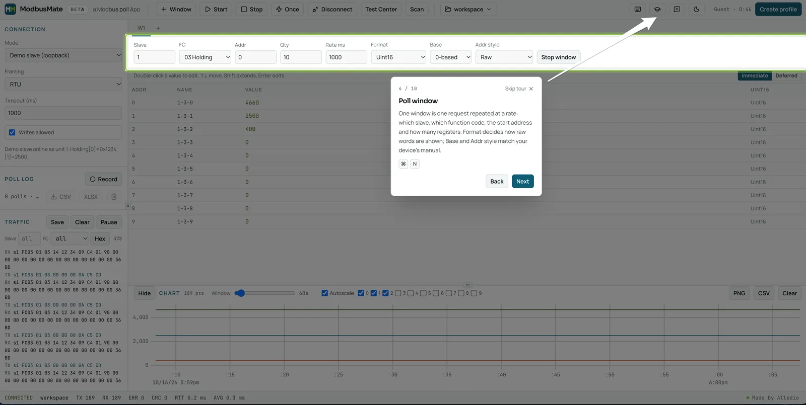 ModbusMate Modbus tester guided tour explaining the poll window settings, step 4 of 10